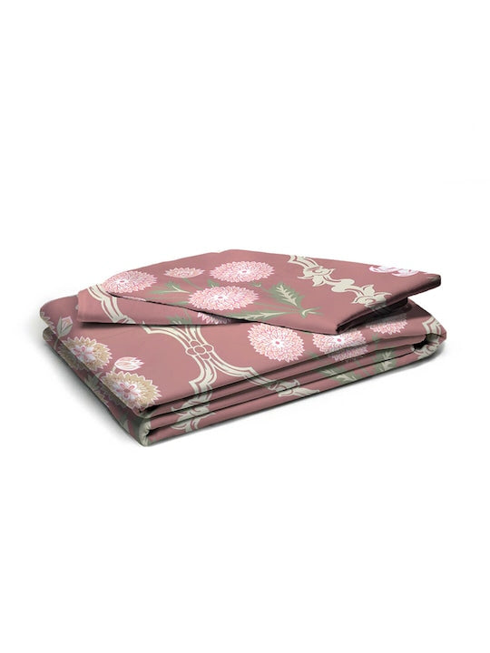 Premium Dark Pink Floral Glace Cotton 300 TC King Bedsheet With 2 Pillow Covers