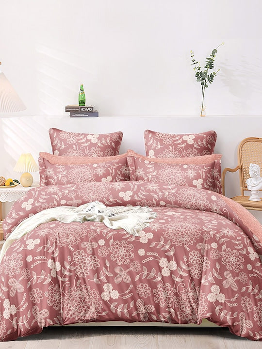 Premium Red & White Floral Cotton 300 TC King Bedsheet With 2 Pillow Covers
