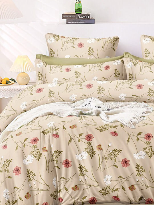 Premium Cream Floral Glace Cotton 300 TC King Bedsheet & 2 Pillow Covers