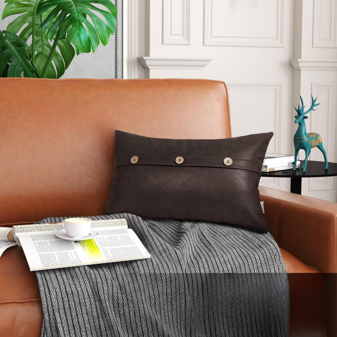 Set of 2 Faux Leather Throw/Pillow Cushion Covers with Triple Button
