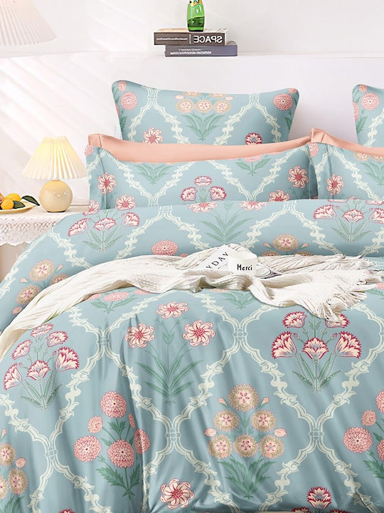 Premium Blue & Pink Ethnic Motifs Glace Glace Cotton 300 TC King Bedsheet & 2 Pillow Covers