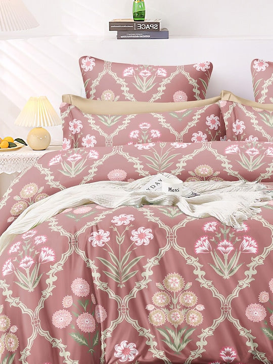 Premium Dark Pink Floral Glace Cotton 300 TC King Bedsheet With 2 Pillow Covers