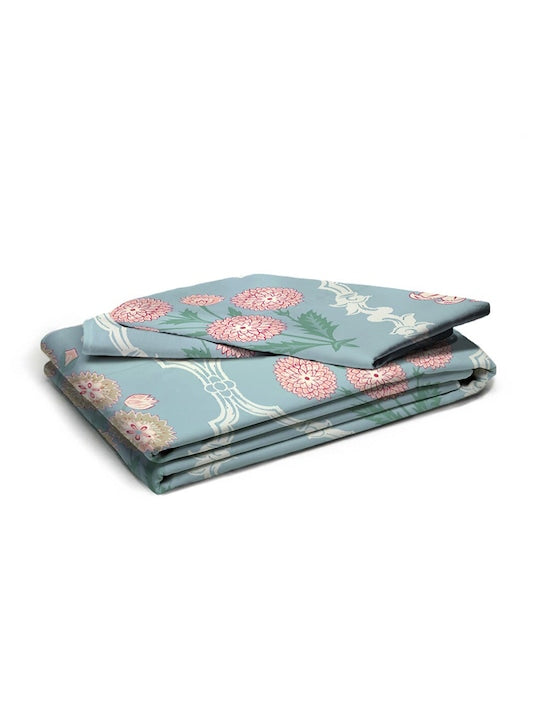 Premium Blue & Pink Ethnic Motifs Glace Glace Cotton 300 TC King Bedsheet & 2 Pillow Covers