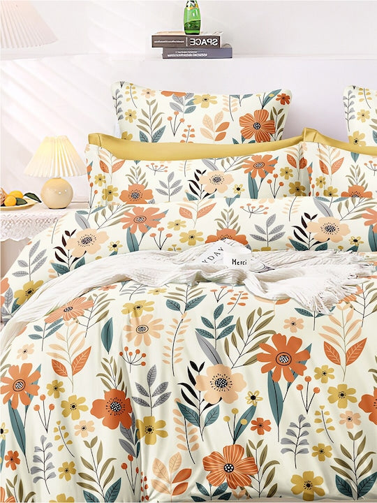 Premium Cream Floral Glace Cotton 300 TC King Bedsheet & 2 Pillow Covers