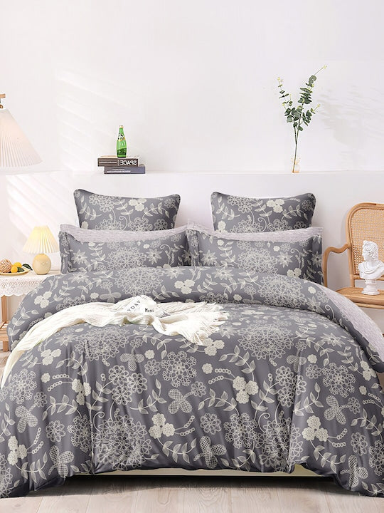 Premium Grey Floral Glace Cotton 300 TC King Bedsheet with 2 Pillow Covers