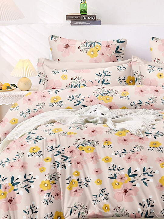 Premium Peach-Coloured Floral Cotton 300 TC King Bedsheet & 2 Pillow Covers