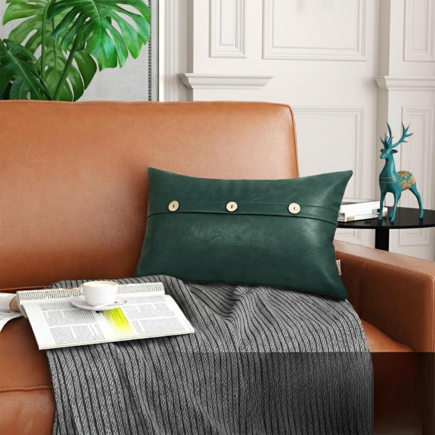 Set of 2 Faux Leather Throw/Pillow Cushion Covers with Triple Button
