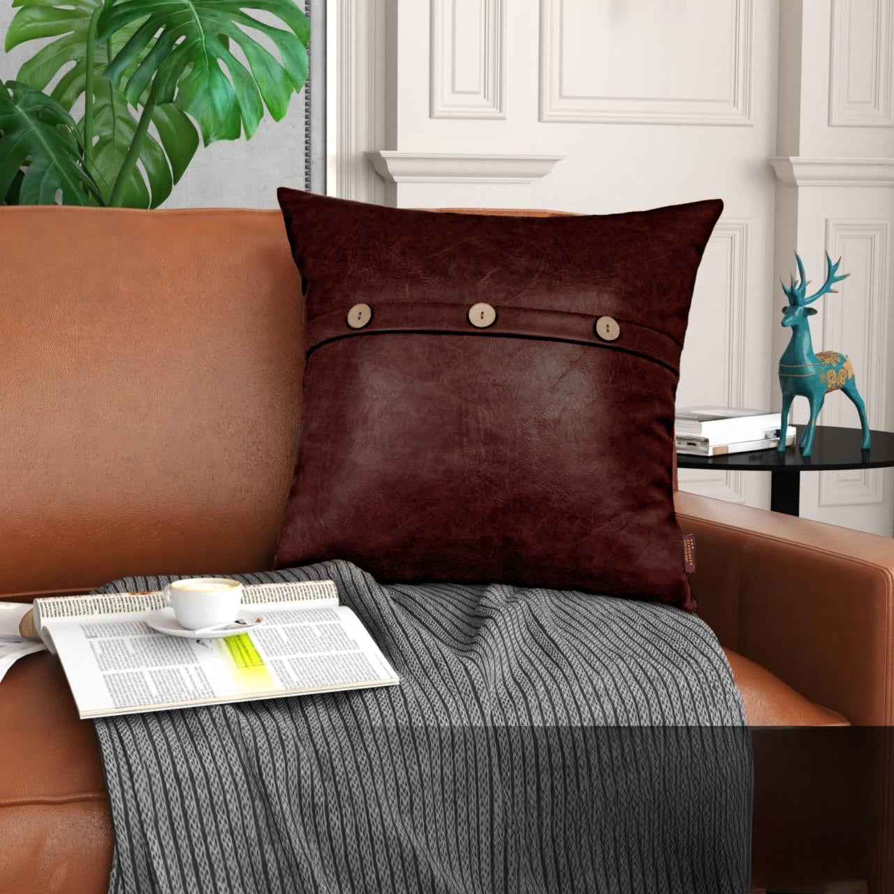Set of 2 Faux Leather Throw/Pillow Cushion Covers with Triple Button