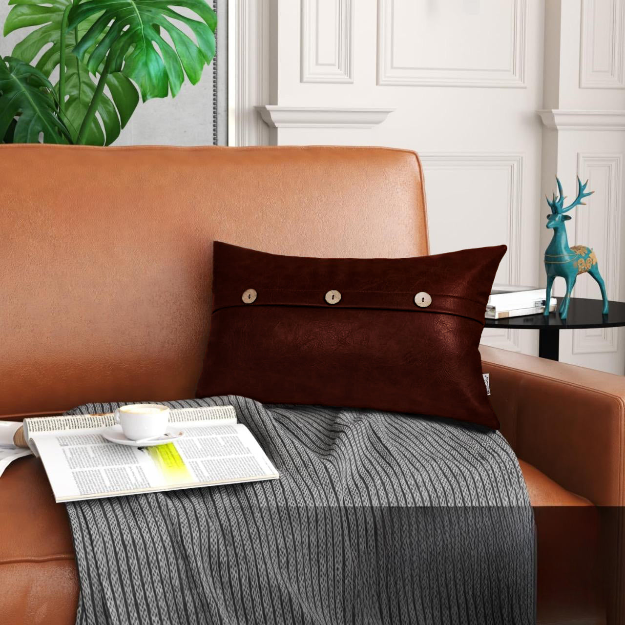 Set of 2 Faux Leather Throw/Pillow Cushion Covers with Triple Button