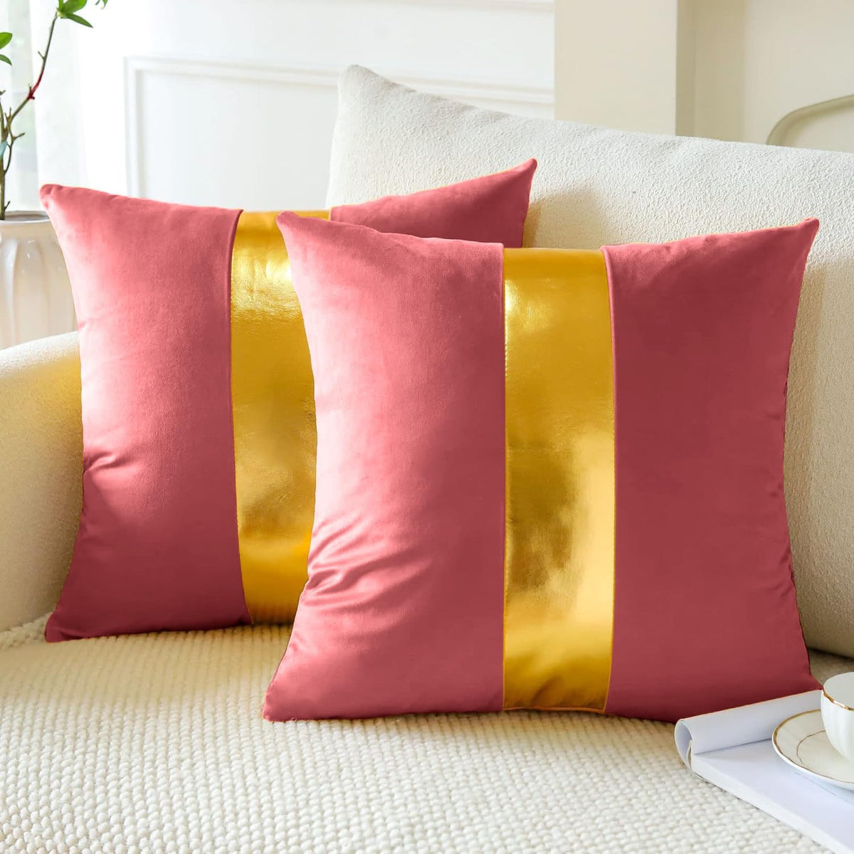 Premium Velvet Set of 2 Decorative Throw Pillow/Cushion Covers with Gold Stripe