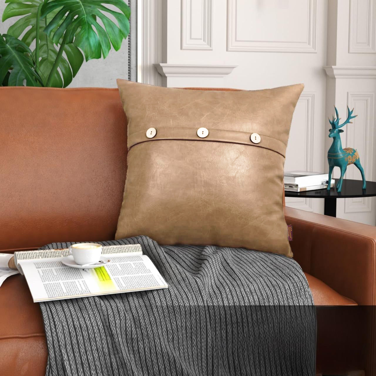 Set of 2 Faux Leather Throw/Pillow Cushion Covers with Triple Button