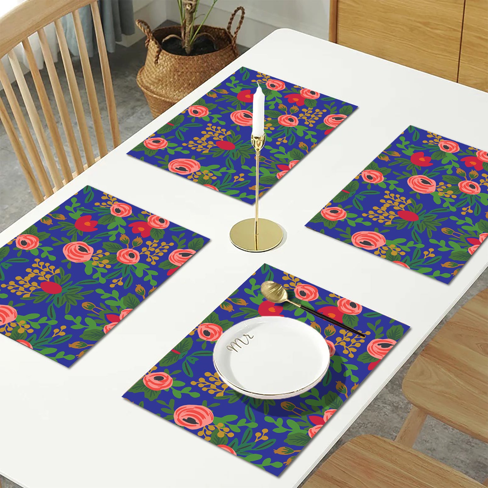 Blue Floral HD Printed 4 Pcs Table Place Mat