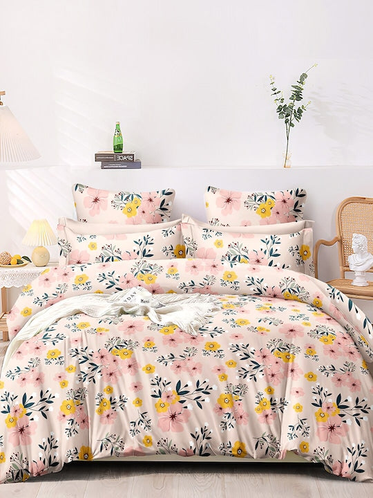 Premium Peach-Coloured Floral Cotton 300 TC King Bedsheet &amp; 2 Pillow Covers