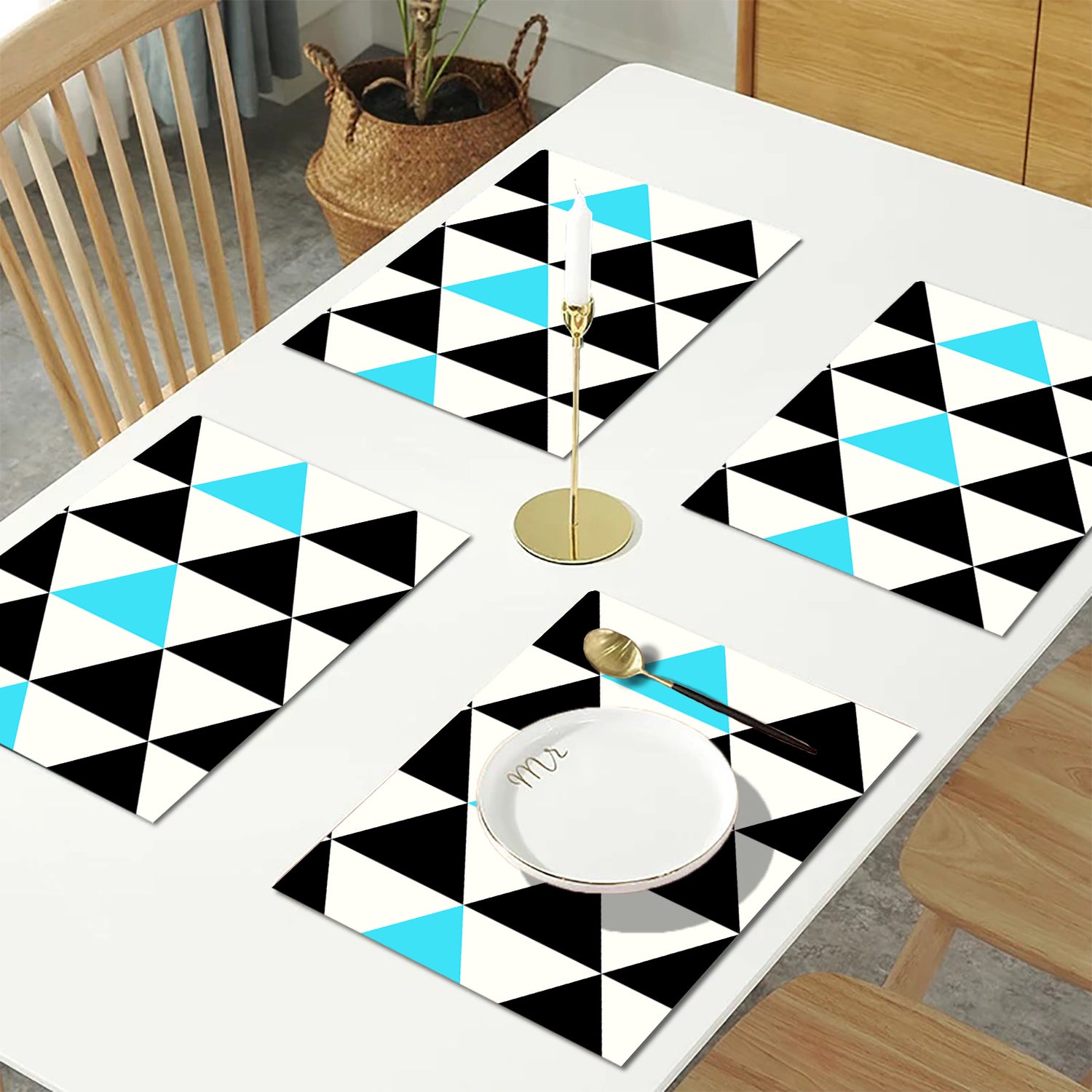 Aqua and Black Geometric HD Printed 4 Pcs Table Place Mat