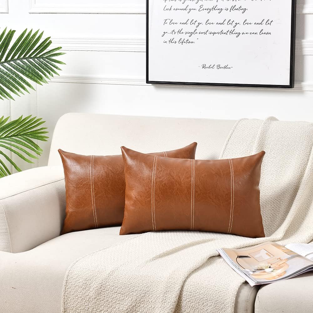 Set of 2 Over Stitched Faux Leather Throw/Pillow Cushion Covers