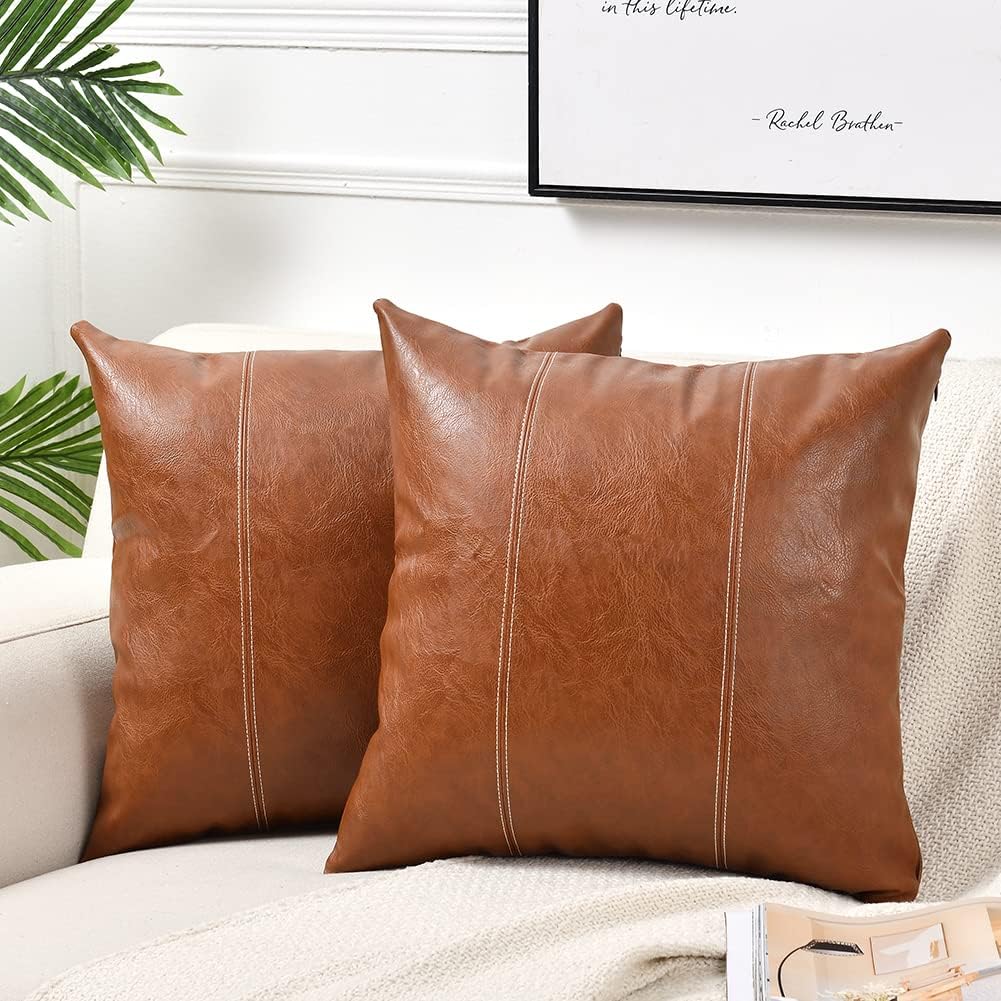 Set of 2 Over Stitched Faux Leather Throw/Pillow Cushion Covers