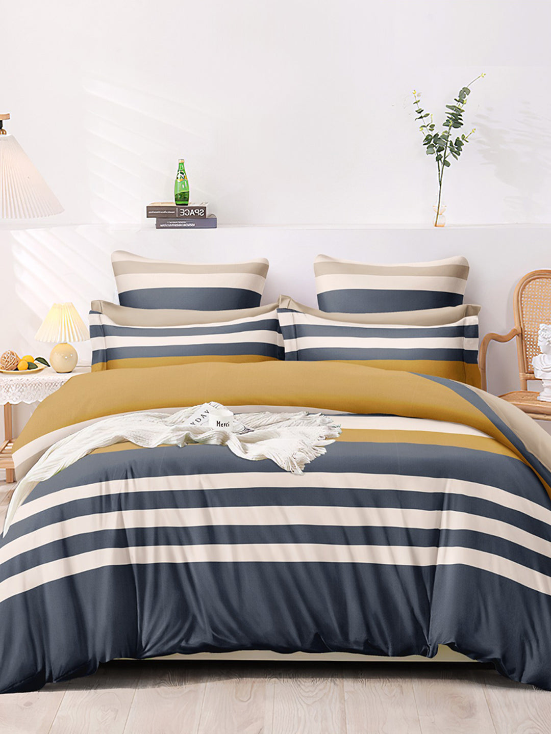 Premium Blue & Yellow Striped Glace Cotton 300 TC King Bedsheet with 2 Pillow Covers
