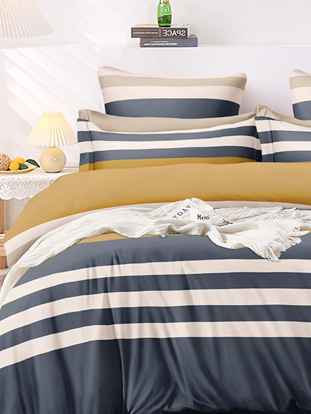 Premium Blue & Yellow Striped Glace Cotton 300 TC King Bedsheet with 2 Pillow Covers