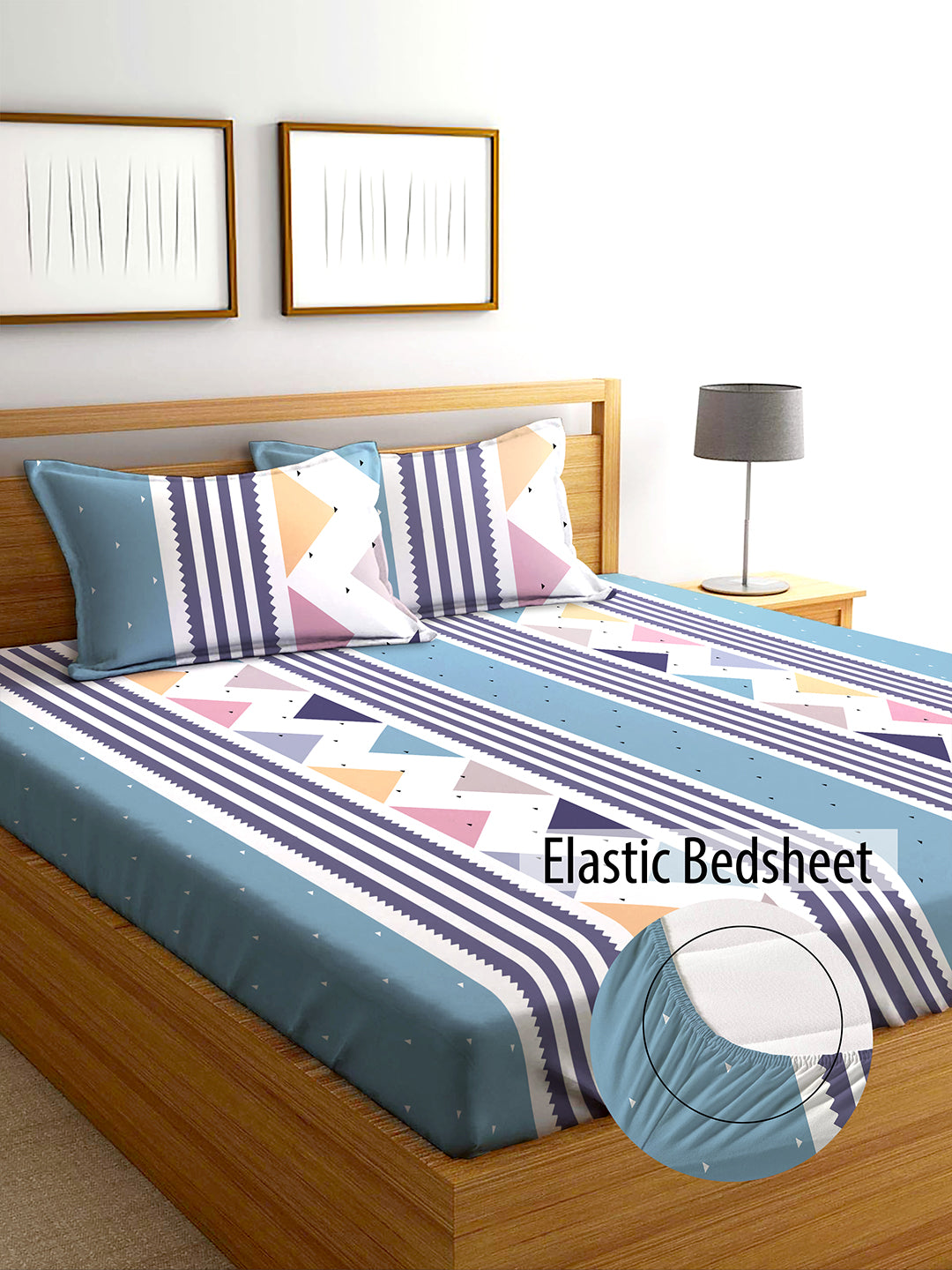 Glace Cotton Abstract Flat Fitted Bedsheet with 2 Pillow Covers