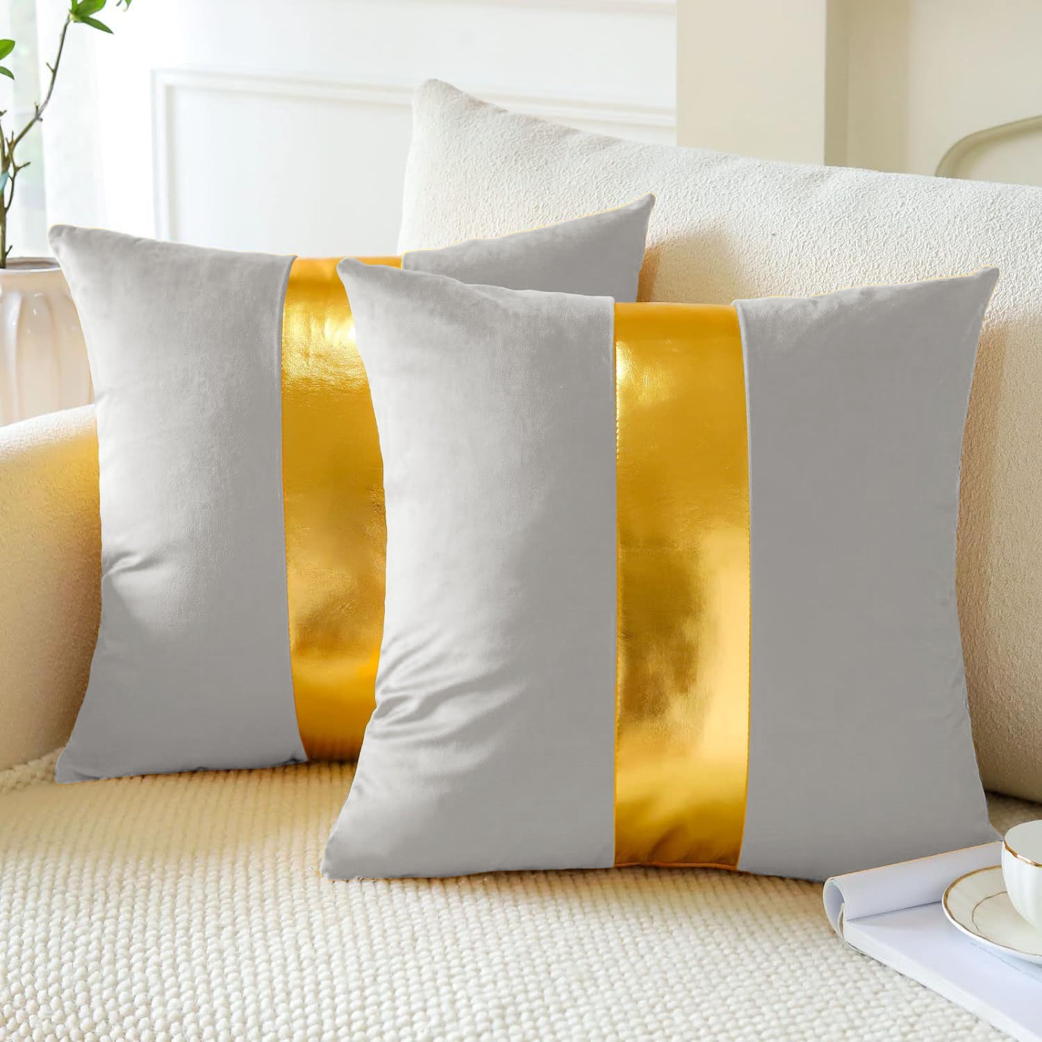 Premium Velvet Set of 2 Decorative Throw Pillow/Cushion Covers with Gold Stripe