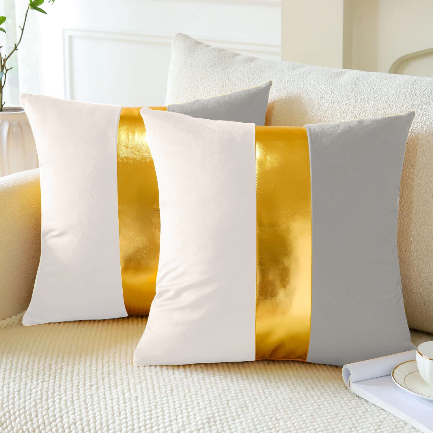 Premium Velvet Set of 2 Decorative Throw Pillow/Cushion Covers with Gold Stripe