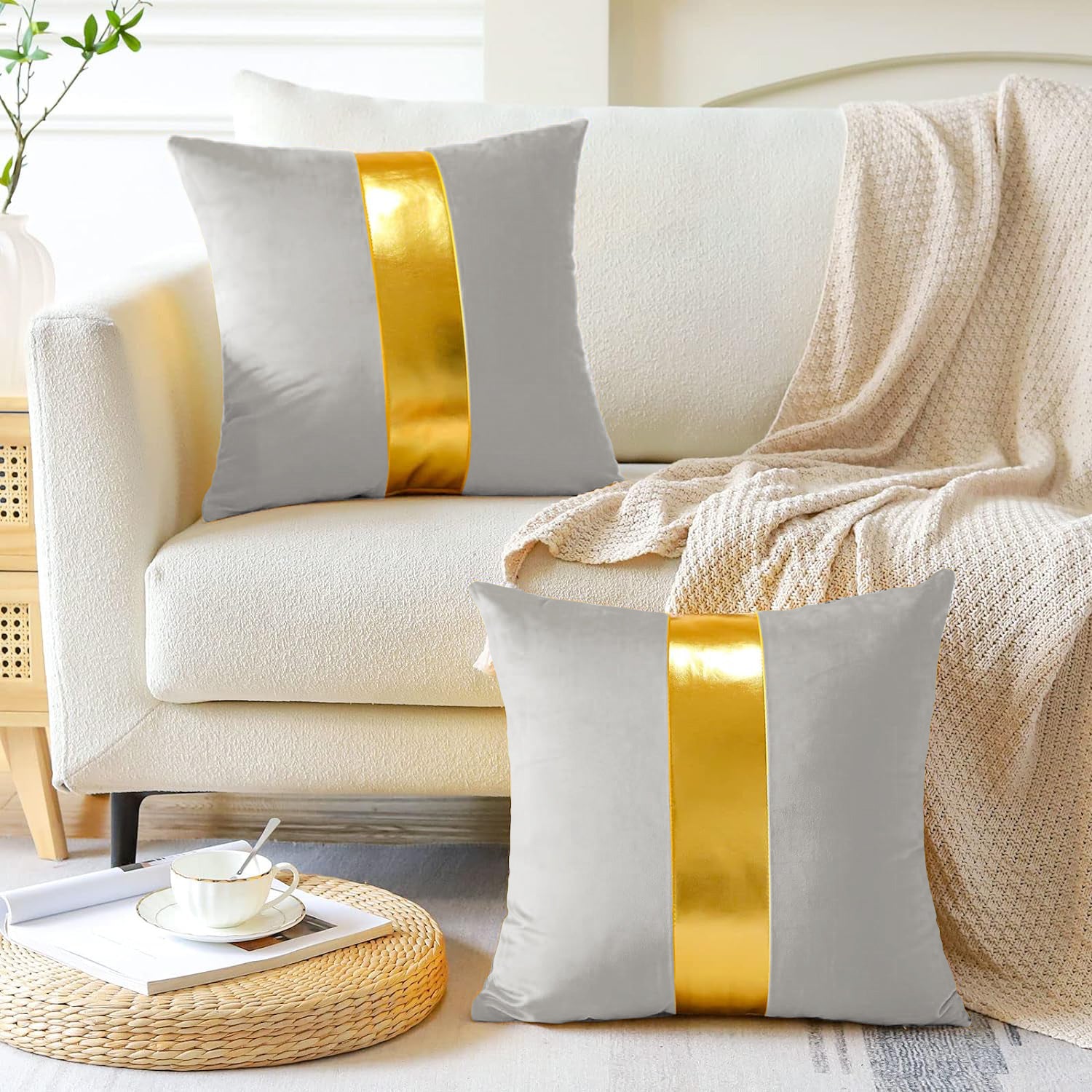 Premium Velvet Set of 2 Decorative Throw Pillow/Cushion Covers with Gold Stripe