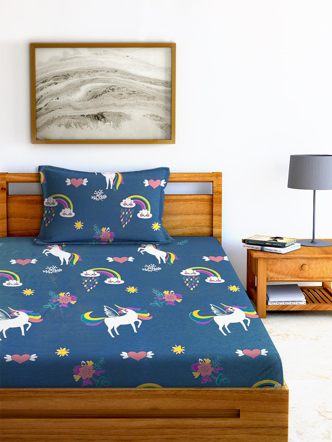 Glace Cotton Abstract Flat Fitted Bedsheet with 2 Pillow Covers