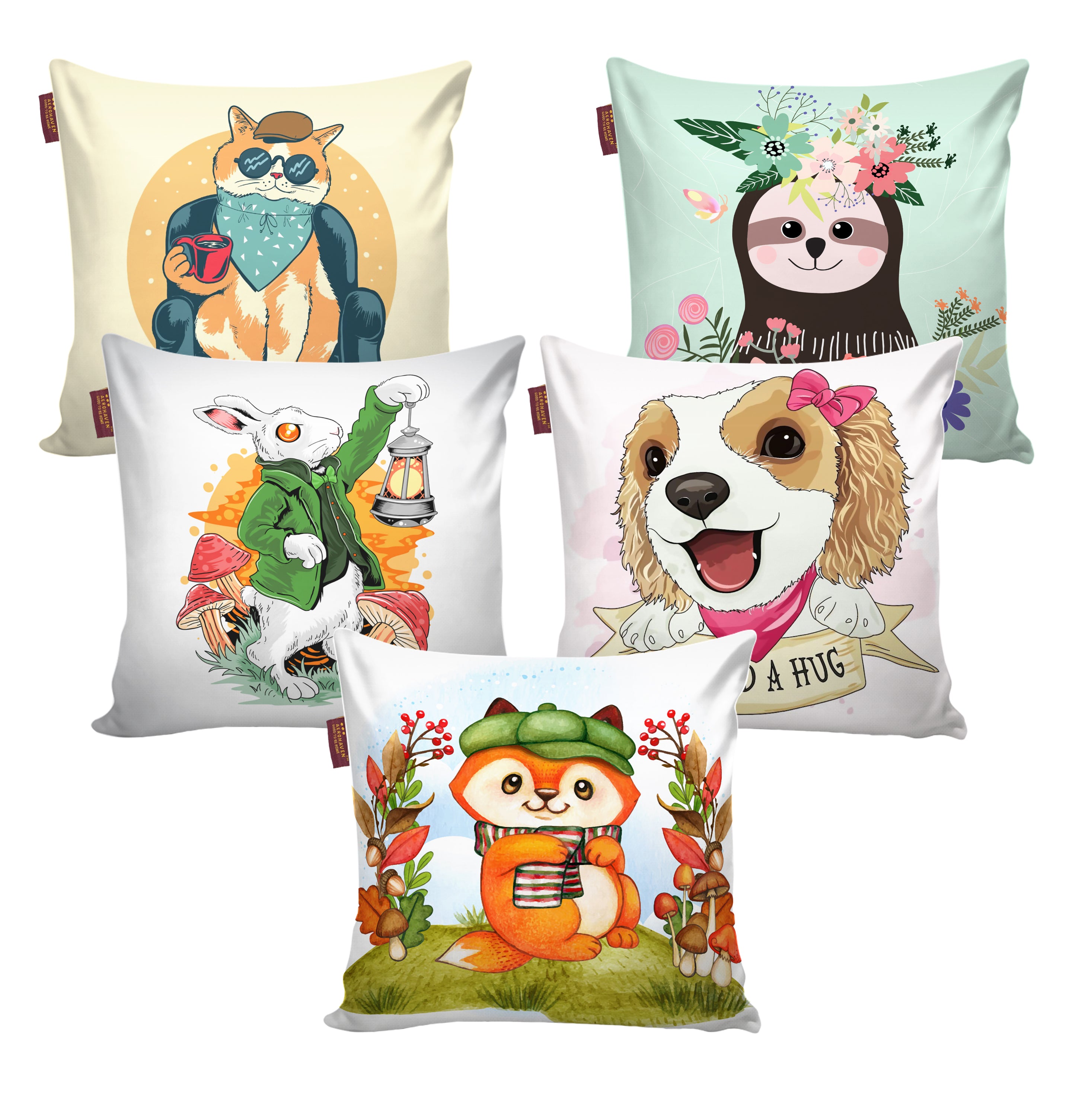 Set of 5 Digital Printed Hand Stitched Throw Pillow/ Cushion Covers