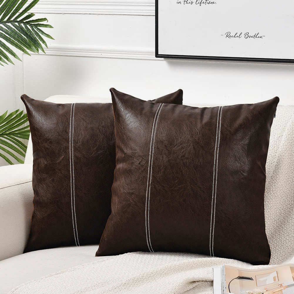 Set of 2 Over Stitched Faux Leather Throw/Pillow Cushion Covers