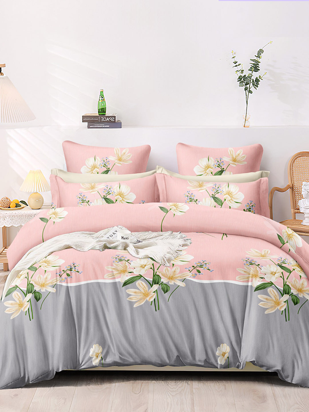 Premium Pink and Grey Floral Glace Cotton 300 TC King Bedsheet with 2 Pillow Covers