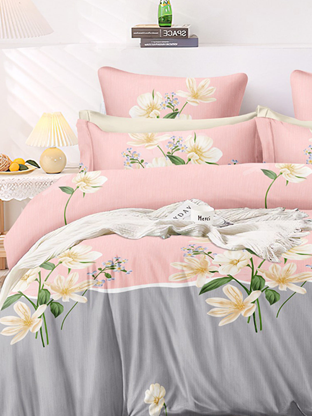 Premium Pink and Grey Floral Glace Cotton 300 TC King Bedsheet with 2 Pillow Covers