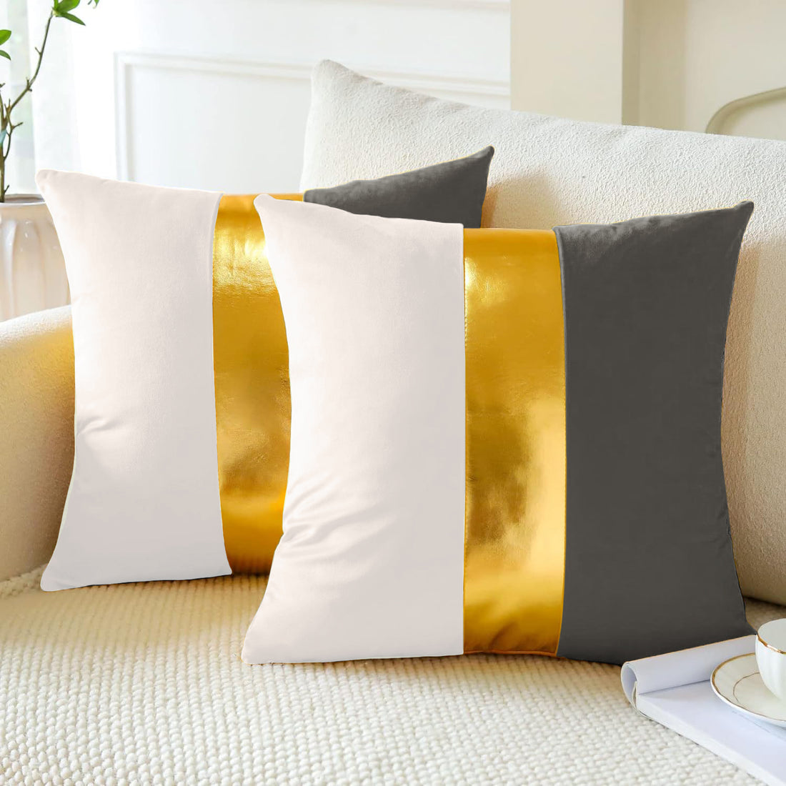 Premium Velvet Set of 2 Decorative Throw Pillow/Cushion Covers with Gold Stripe