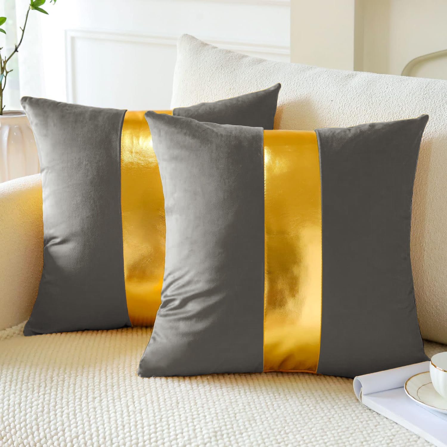 Premium Velvet Set of 2 Decorative Throw Pillow/Cushion Covers with Gold Stripe