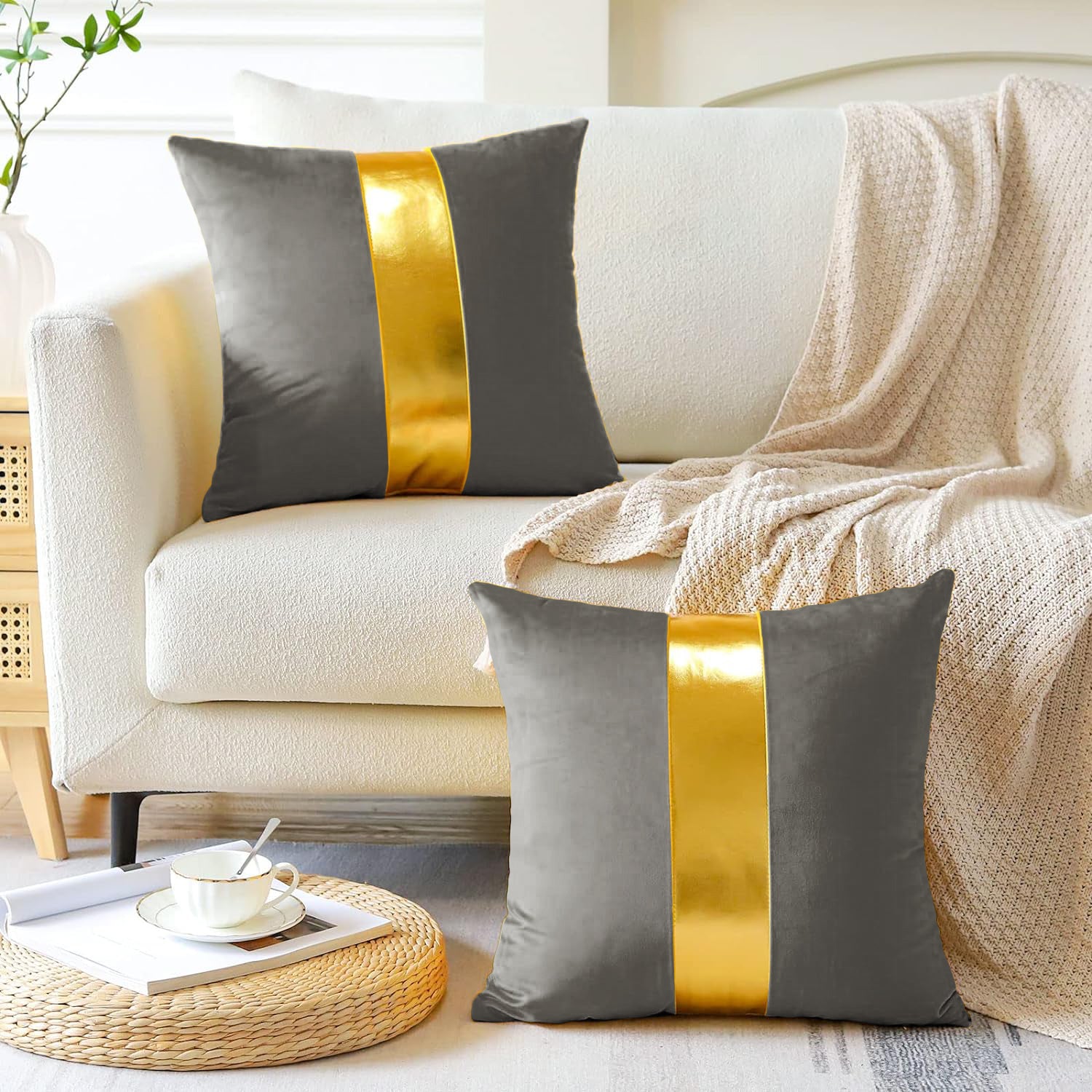 Premium Velvet Set of 2 Decorative Throw Pillow/Cushion Covers with Gold Stripe