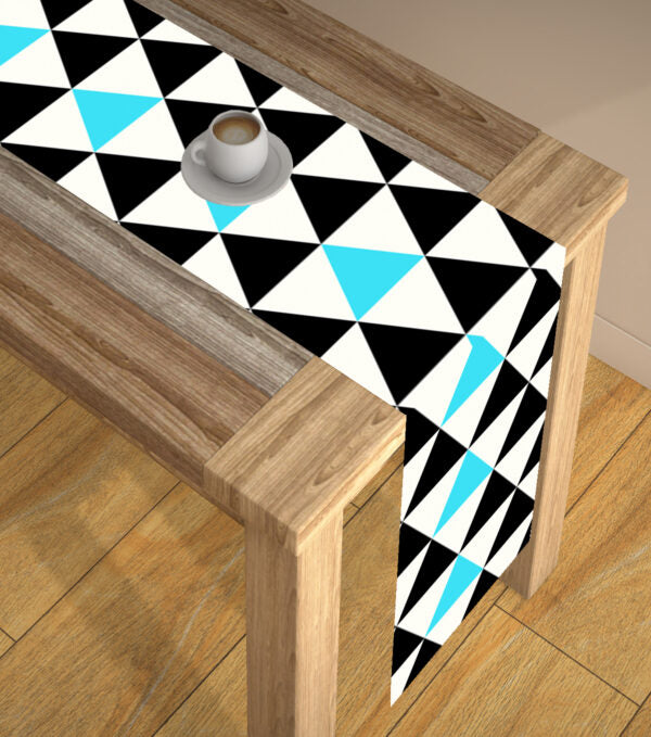 Aqua and Black Geometric Polyster Table Runner