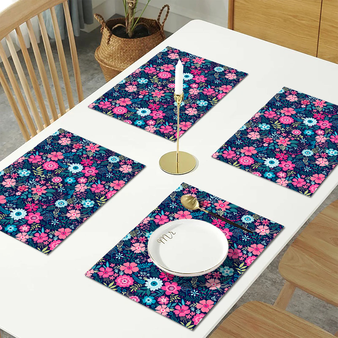 Blue and Pink Floral HD Printed 4 Pcs Table Place Mat