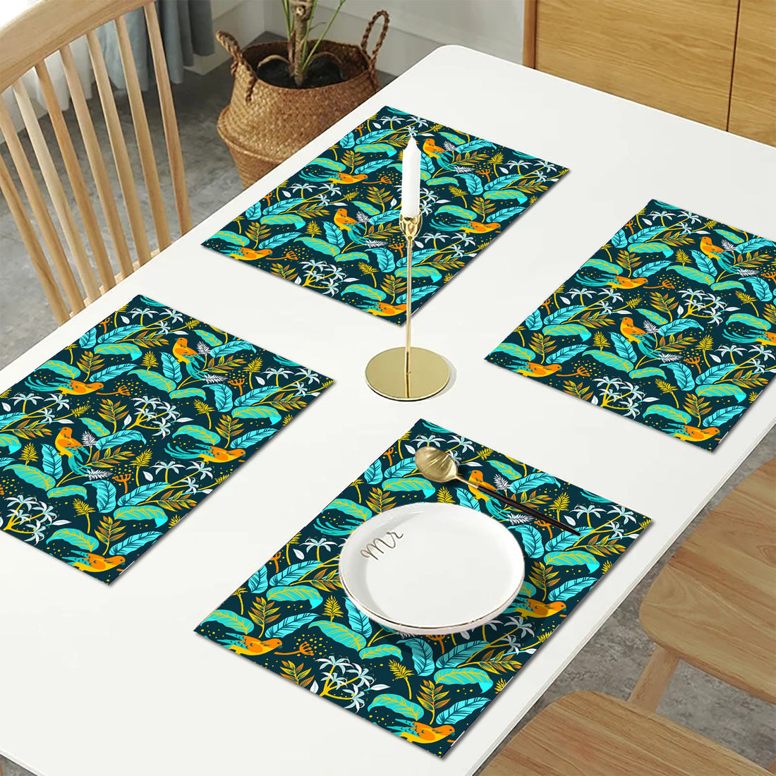 Teal Floral HD Printed 4 Pcs Table Place Mat