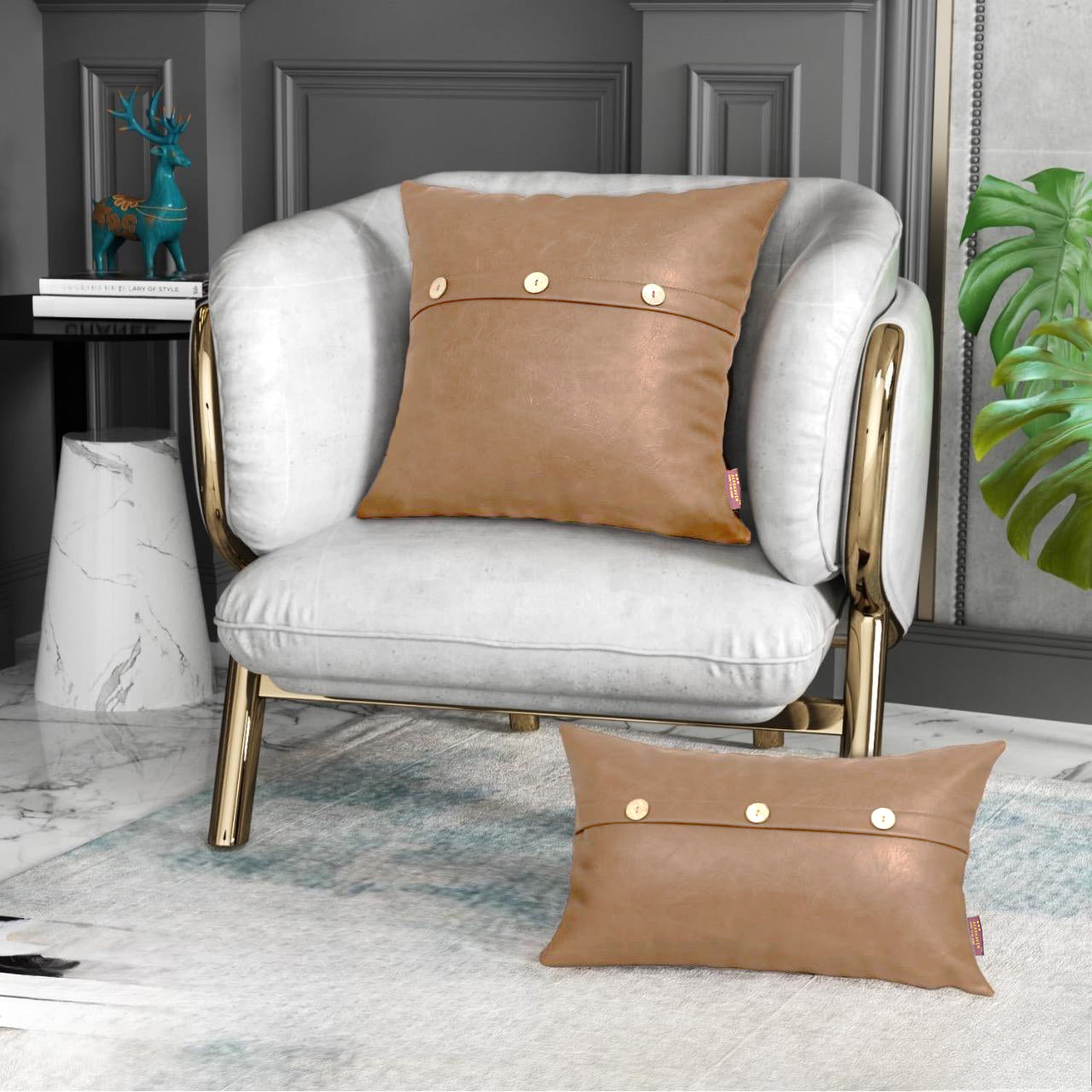 Set of 2  Faux Leather Throw/Pillow Cushion Covers with Triple Button