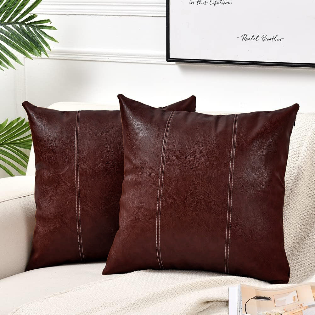 Set of 2 Over Stitched Faux Leather Throw/Pillow Cushion Covers