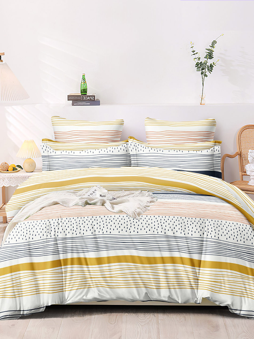 Premium Blue &amp; Yellow Stripes Glace Cotton 300 TC King Bedsheet with 2 Pillow Covers