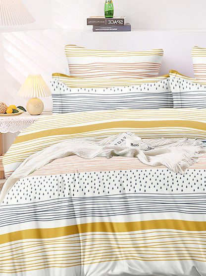Premium Blue &amp; Yellow Stripes Glace Cotton 300 TC King Bedsheet with 2 Pillow Covers