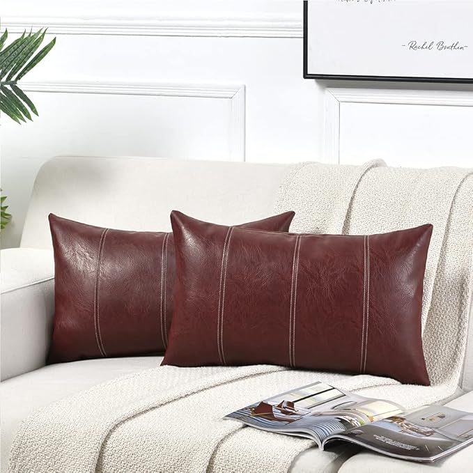 Set of 2 Over Stitched Faux Leather Throw/Pillow Cushion Covers