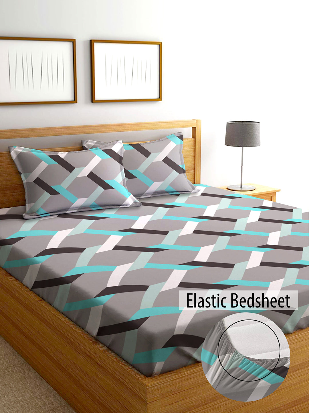 Glace Cotton Abstract Flat Fitted Bedsheet with 2 Pillow Covers