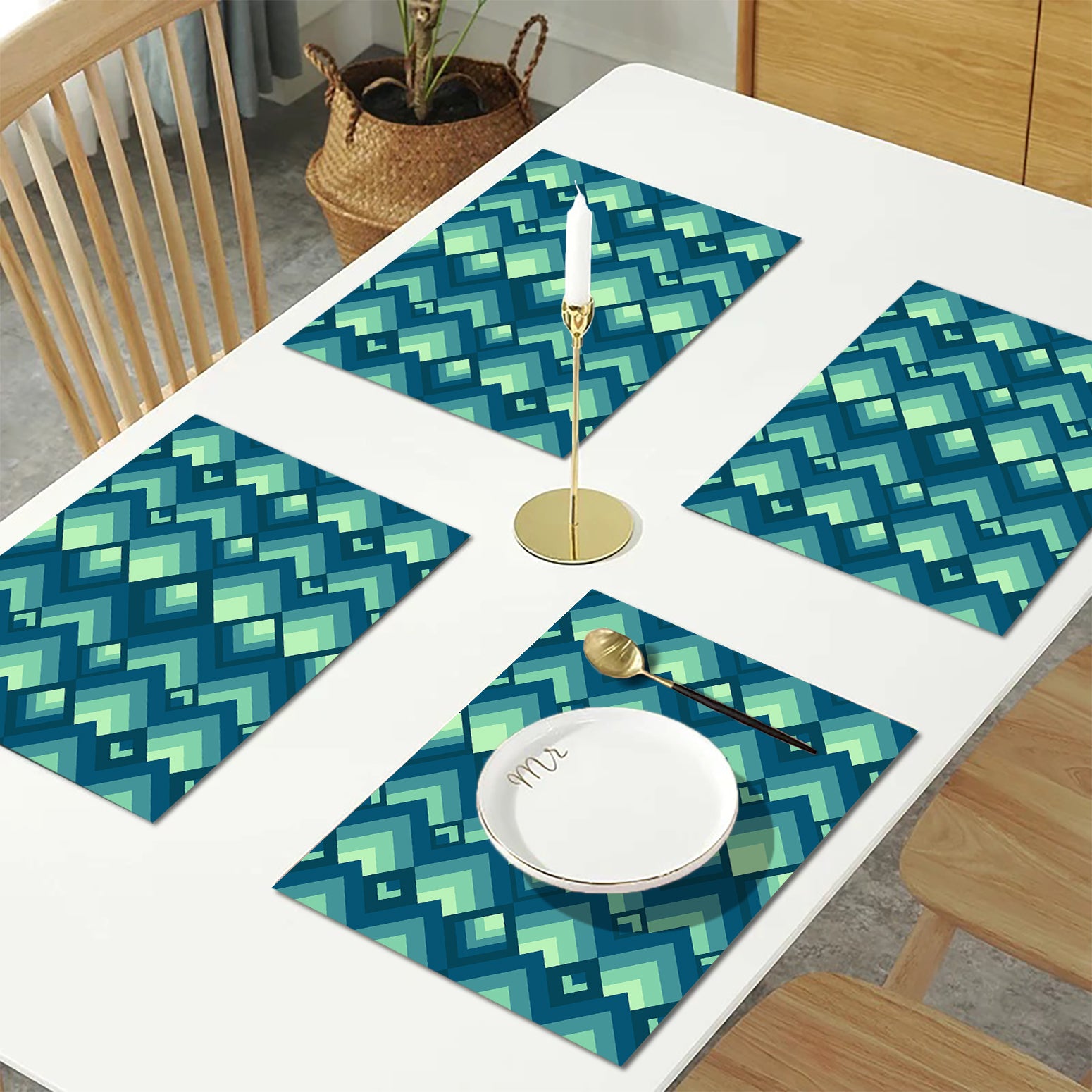 Teal Abstract HD Printed 4 Pcs Table Place Mat