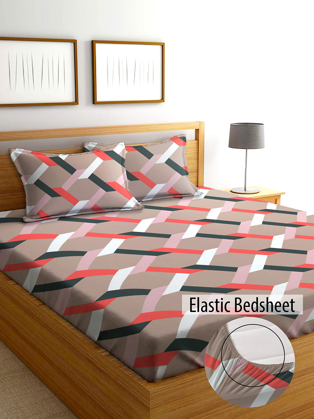 Glace Cotton Abstract Flat Fitted Bedsheet with 2 Pillow Covers