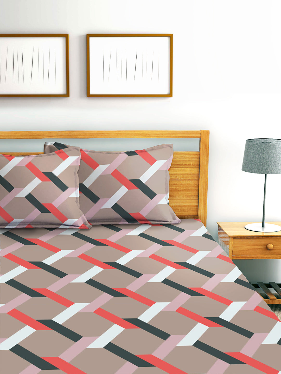 Glace Cotton Abstract Flat Fitted Bedsheet with 2 Pillow Covers