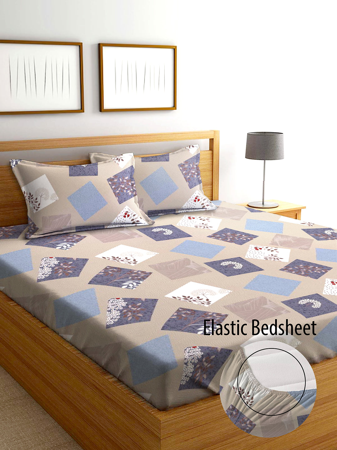 Glace Cotton Abstract Flat Fitted Bedsheet with 2 Pillow Covers