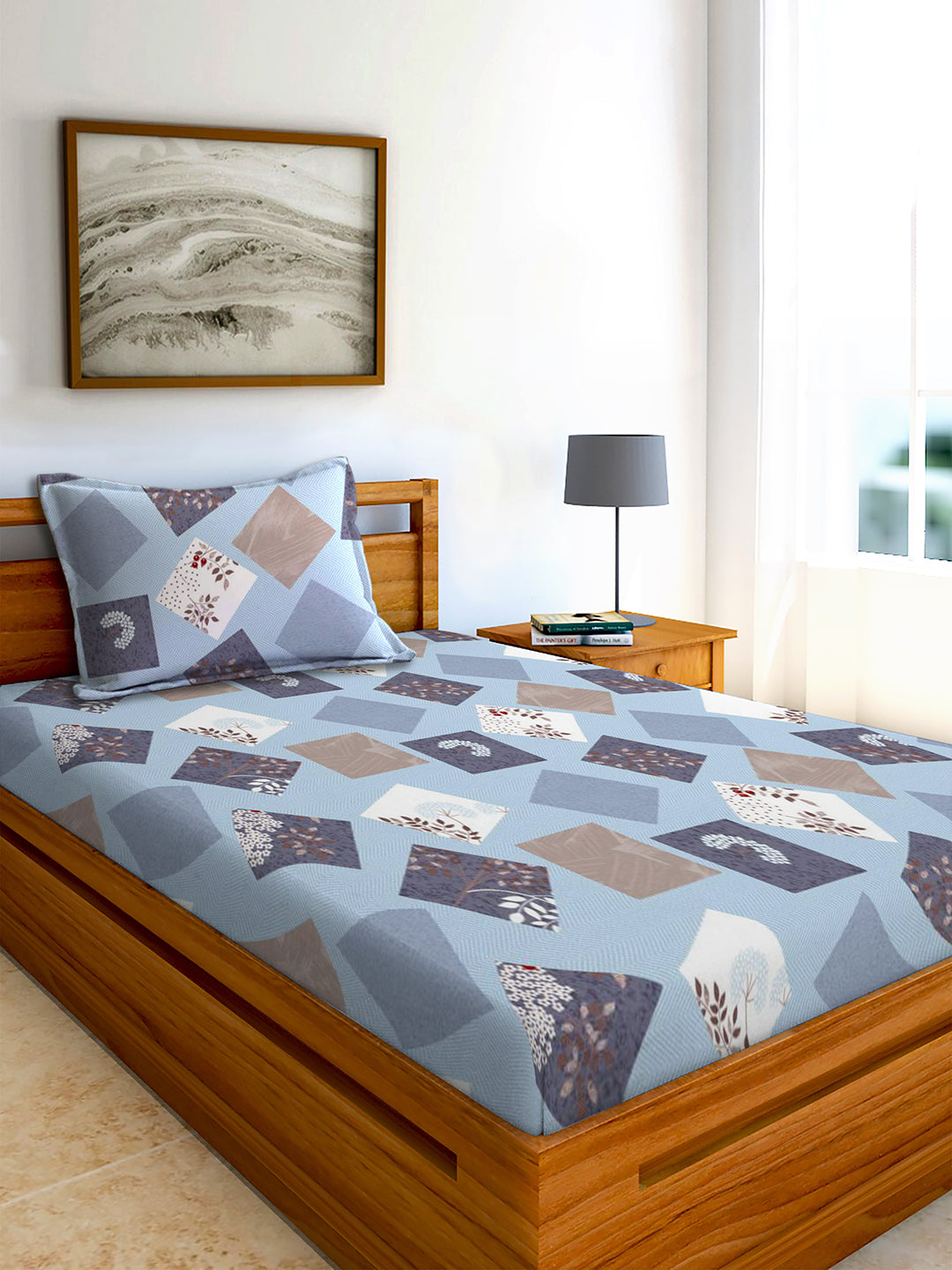 Glace Cotton Abstract Flat Double Bedsheet with 2 Pillow Covers