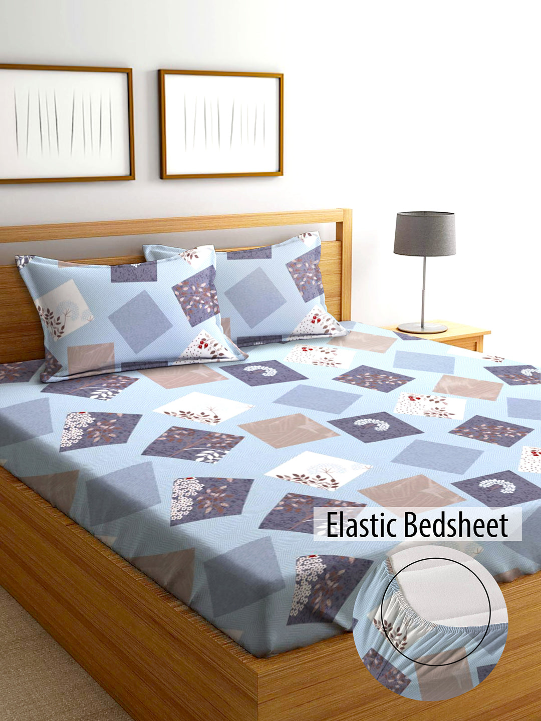 Glace Cotton Abstract Flat Fitted Bedsheet with 2 Pillow Covers