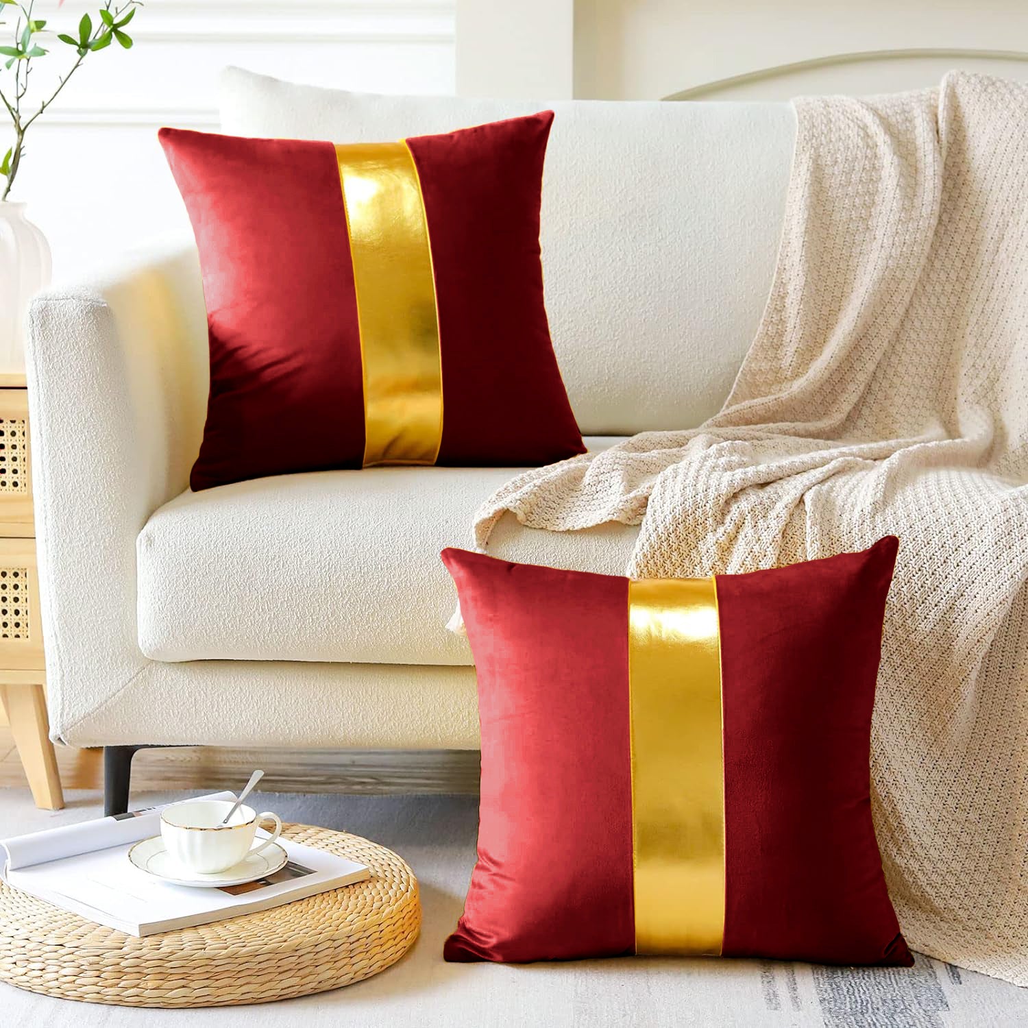 Premium Velvet Set of 2 Decorative Throw Pillow/Cushion Covers with Gold Stripe